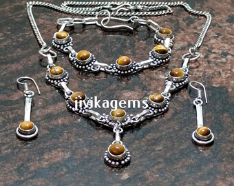 Bulk Sale ! Tiger Eye Gemstone Nacklace ,Earing & Bracelets Set 925 Sterling Silvver Plated Jewelry Handmsde  Gift  Jewelry Lot