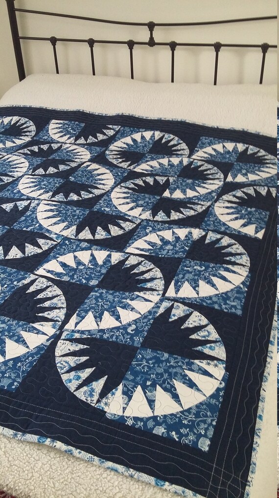 QUILTED Throw Bedspread Blanket Geometric Blue and White Blocks Meander Quilting Washable Storage Bag Square Grey Backing Etsy UK