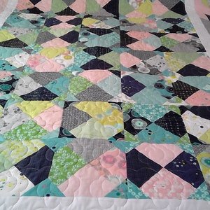Handmade in the UK quilt patchwork pink blue green rectangular throw bedspread blanket washable PUZZLE