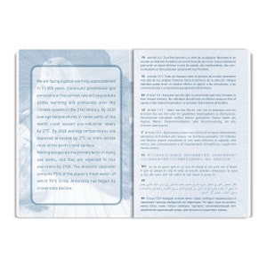 May include: A page from a passport with text in multiple languages about the right to free movement and the right to not have an inferior status to capital, trade, telecommunications, or pollution. The text is in French, Spanish, English, German, Italian, Chinese, Indonesian, Arabic, and Russian.