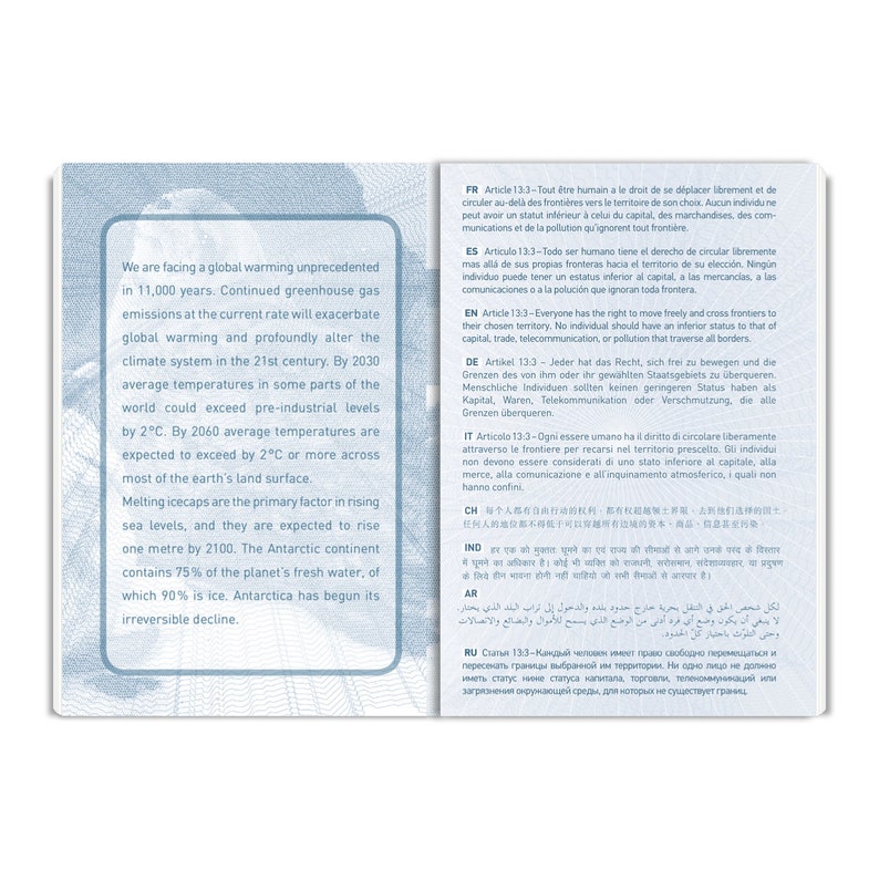 May include: A page from a passport with text in multiple languages about the right to free movement and the right to not have an inferior status to capital, trade, telecommunications, or pollution. The text is in French, Spanish, English, German, Italian, Chinese, Indonesian, Arabic, and Russian.