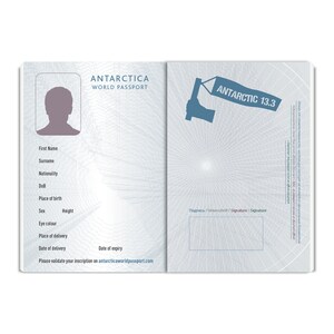 May include: A blue and white passport with the words "Antarctica World Passport" and "Antarctic 13.3" printed on the cover. The passport has a blank space for a photo and a signature.
