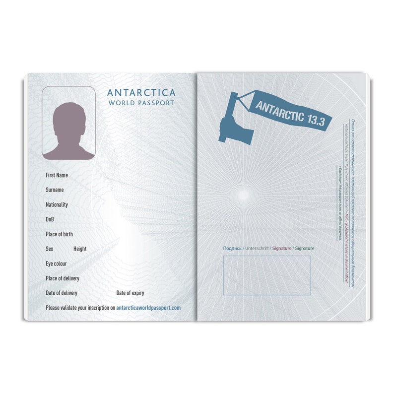 May include: A blue and white passport with the words "Antarctica World Passport" and "Antarctic 13.3" printed on the cover. The passport has a blank space for a photo and a signature.