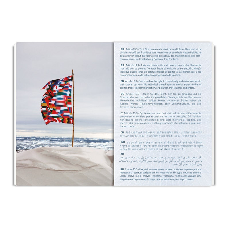 May include: A colorful flag with many different countries represented on it is waving in the wind. The flag is on a white sandy beach with a blue sky in the background. The text on the image reads: "Article 13:3 - Everyone has the right to move freely and cross frontiers to their chosen territory. No individual should have an inferior status to that of capital, trade, telecommunication, or pollution that traverse all borders."