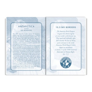 May include: A blue and white passport with the text "Antarctica No Borders" and "13.3 No Borders". The passport features a map of Antarctica and a symbol of a hand reaching out from a circle.