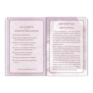 May include: A passport-style document with a blue background and white text. The document is titled "Antarctica World Passport" and includes a list of reasons to apply for the passport, such as "Act in favor of sustainable development" and "Defend threatened environments". The document also includes a website address: antarcticaworldpassport.com.