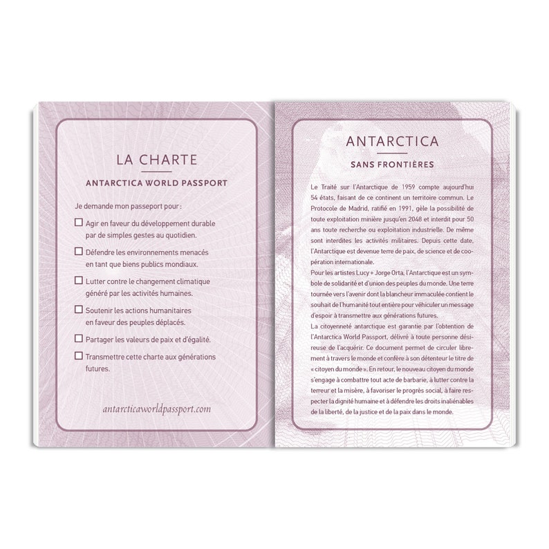 May include: A passport-style document with a blue background and white text. The document is titled "Antarctica World Passport" and includes a list of reasons to apply for the passport, such as "Act in favor of sustainable development" and "Defend threatened environments". The document also includes a website address: antarcticaworldpassport.com.