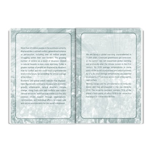 May include: Two pages of text on a green background. The text on the left page discusses the growing number of displaced people due to conflict and natural disasters. The text on the right page discusses global warming and the effects of melting ice caps.