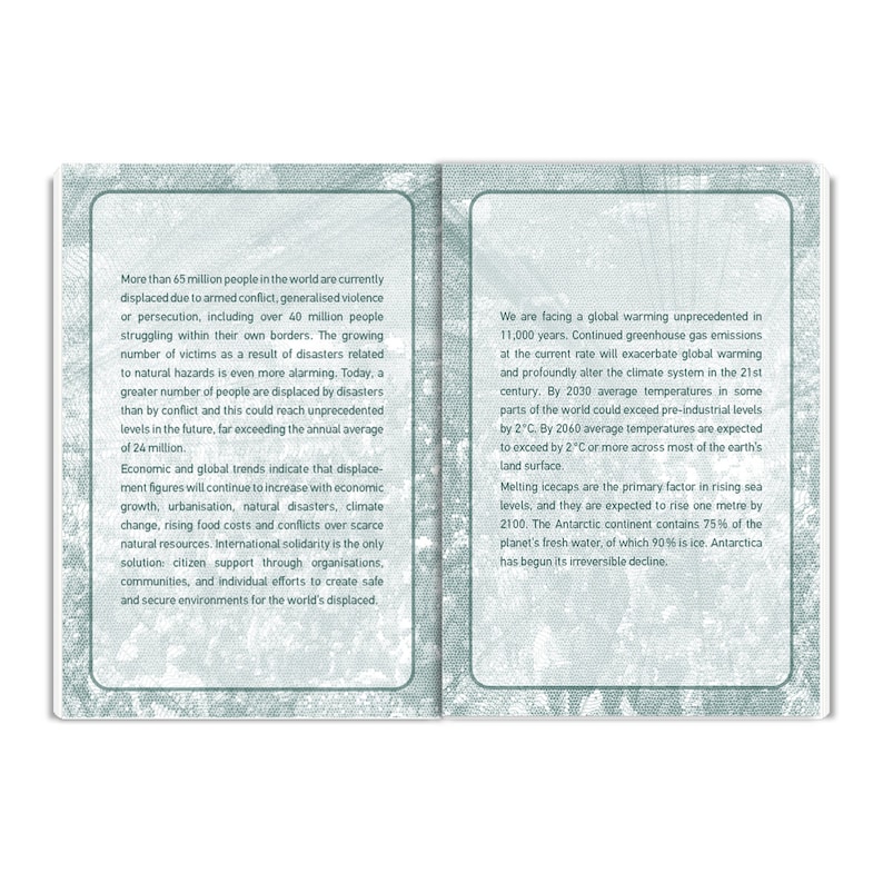 May include: Two pages of text on a green background. The text on the left page discusses the growing number of displaced people due to conflict and natural disasters. The text on the right page discusses global warming and the effects of melting ice caps.