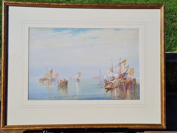 An Original Watercolour by Wilfred Knox (1884 – 1966) “Off Venice” – Sailing Boats in the Laguna, Venice. Signed and Framed.