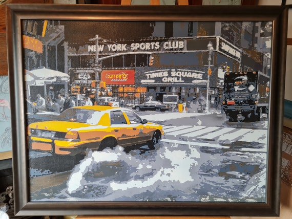 A Striking Large Original Painting of Times Square, New York.  20th Century American School. Mixed Media on Canvas. Illegible signature.