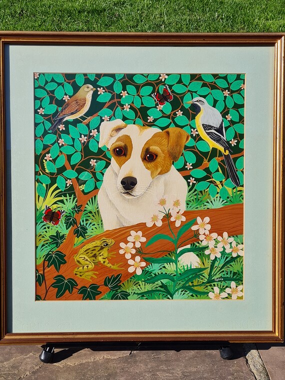 Original Gouache by Sylvia Emmons (1938)  "Teddy" (Jack Russell) Signed, Framed and Porthill International Gallery Label.