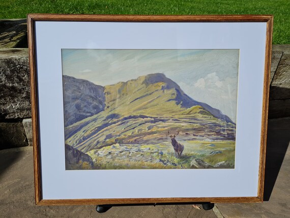An Original Early 20th Century Watercolour Painting of a Stag in the Highlands by F. Weller.  Signed and Framed.