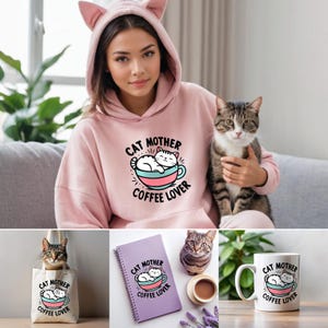 猫のお母さんコーヒー好き、SVG、PNG、ベクター、猫のお母さん、面白い猫好き、デジタルクリップアート、Tシャツデザイン、昇華、即時ダウンロード、猫