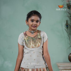 Shivangi Clothing Grey Traditional Tissue Chevron Pattu Pavadai Set for Girls