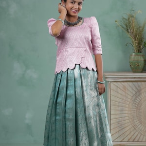 Shivangi clothing Sky Blue Tissue Weave Traditional Pattu Pavadai Set for Girls