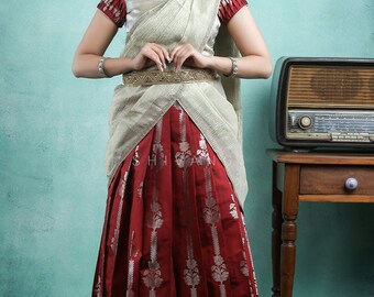 Shivangi Teenage Girls Maroon Blooming Fire Mezzo Sari / Langa Davani