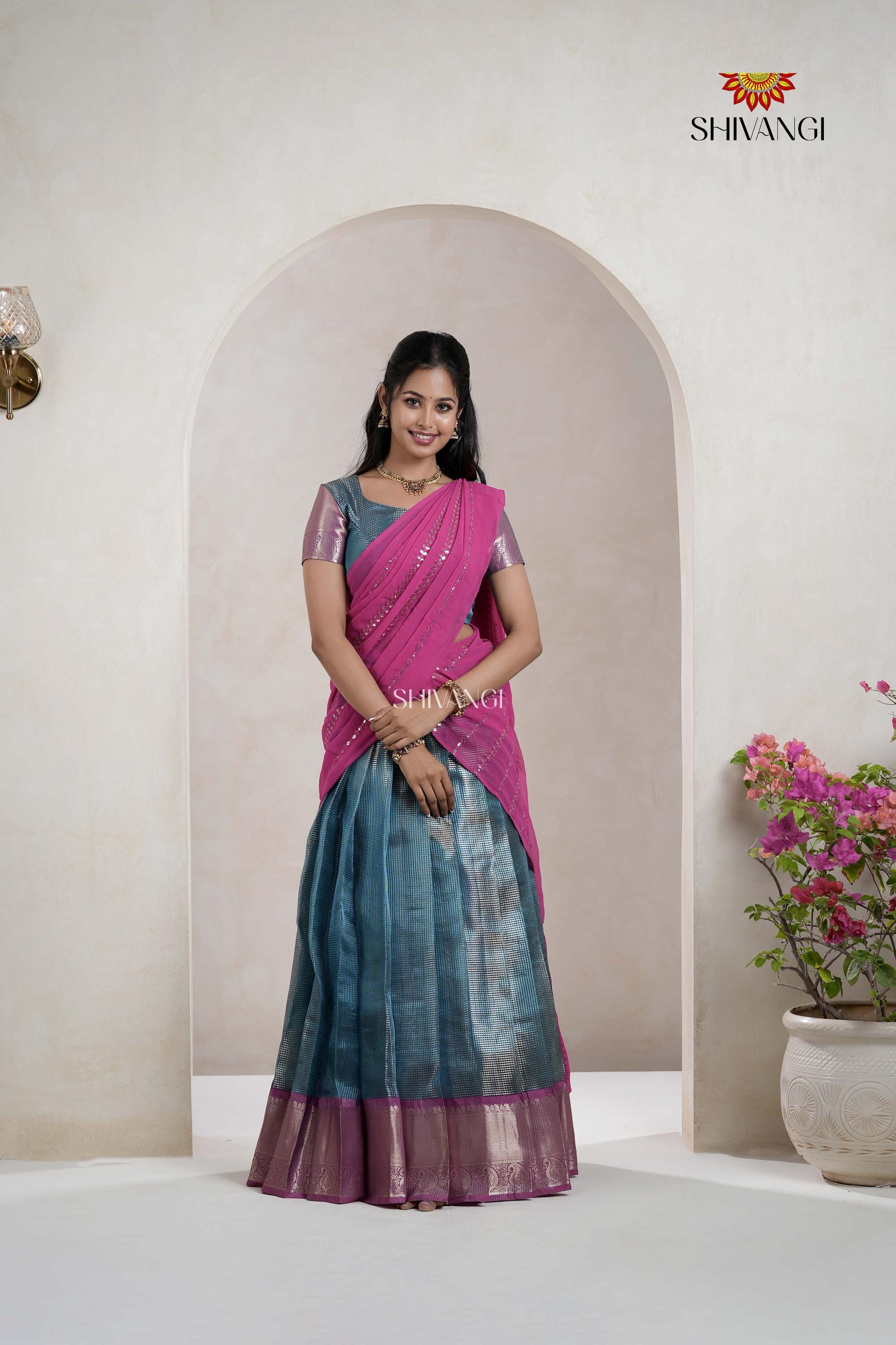 Shivangi Clothing Blue Traditional Nano Checks Half Saree