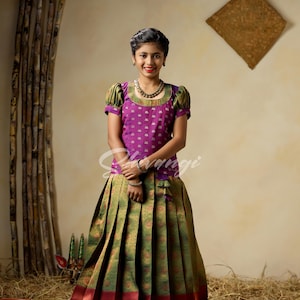 Shivangi clothing Traditional Green Banaras Lotus Pattu Pavadai For Kids