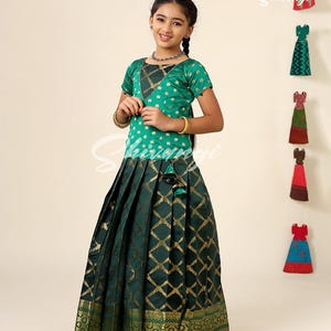 Shivangi clothing Dark Green Golden vector pattu Pavadi For Girls