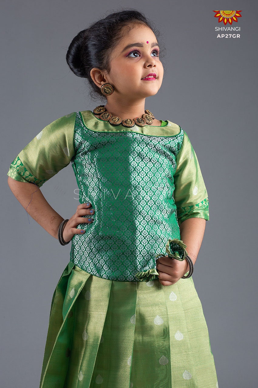 Shivangi Girls Green Tissue Traditional Pattu Pavadai - Etsy Shivangi Girls Green Tissue Traditional Pattu Pavadai - Etsy