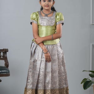 Shivangi clothing Gold Traditional Tissue Vine Embroidery Pattu Pavadai