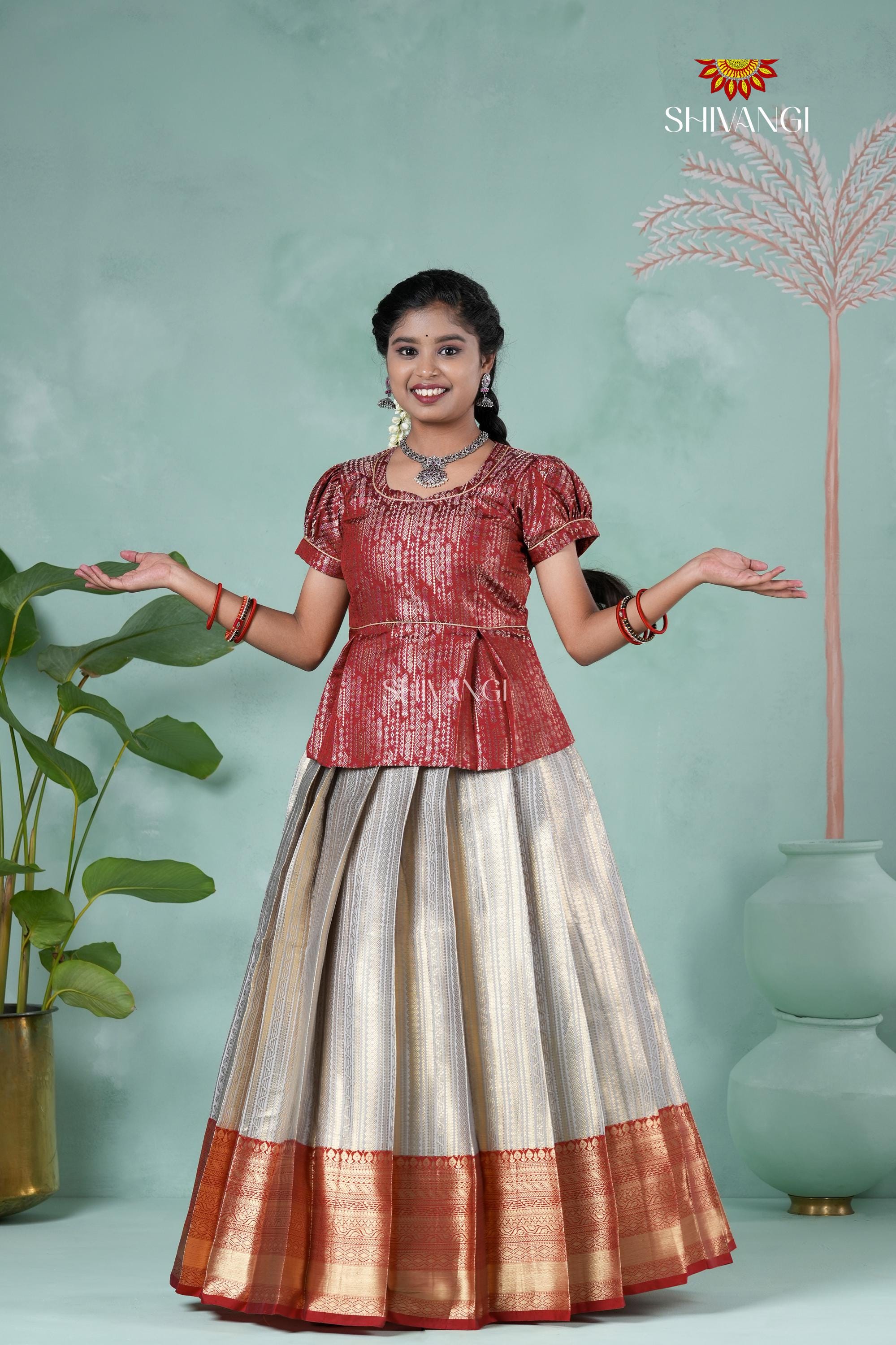 Shivangi Clothing  Grey Golden String Traditional Pattu Pavadai For Girls