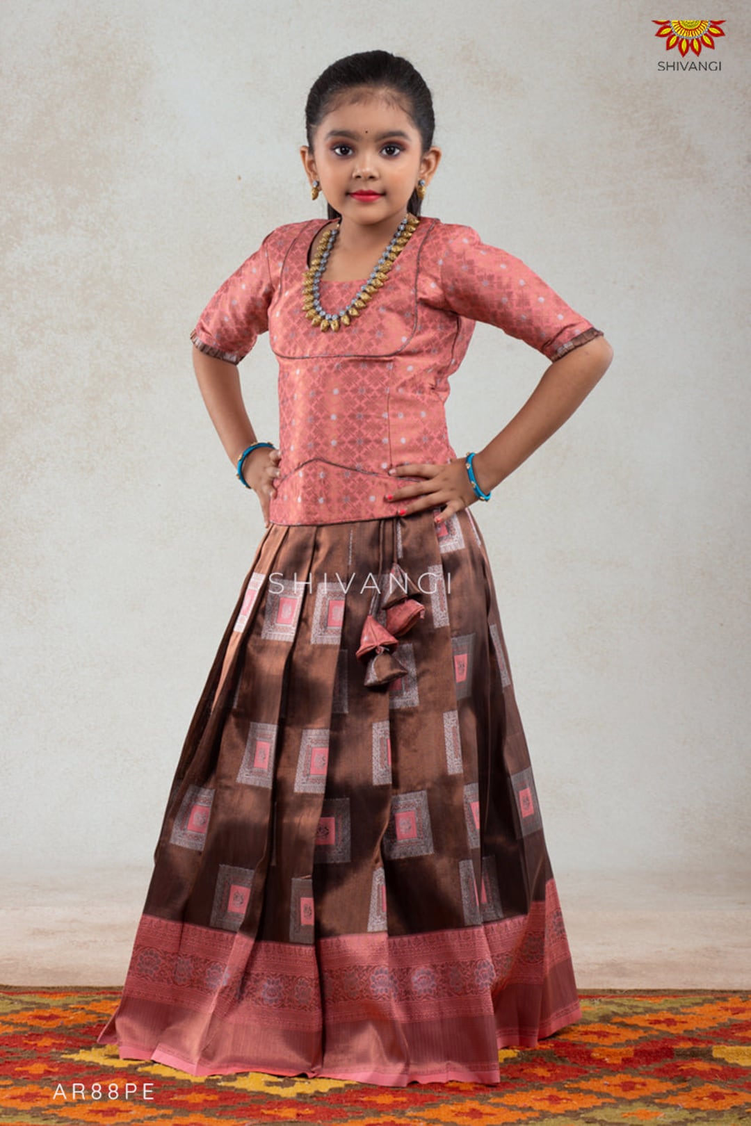 Shivangi Pattu Pavadai Langa Blouse In Peach Copper Tiles Etsy Shivangi Pattu Pavadai Langa Blouse In Peach Copper Tiles Etsy