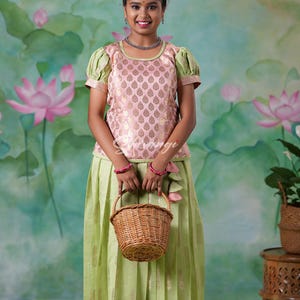 Shivangi clothing Green Vilvam Pattu Pavadai Sattai for Girls
