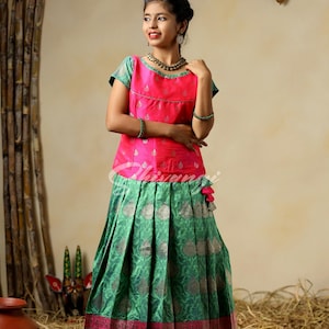 Shivangi clothing Green Manoranjitham Semi Silk Pattu Pavadai For Girls