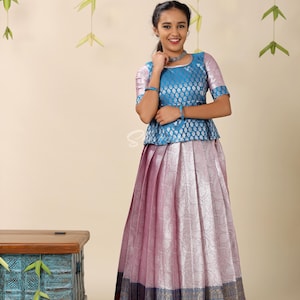 Shivangi Clothing Silver Algae Magenta Pattu Pavadai For Girls