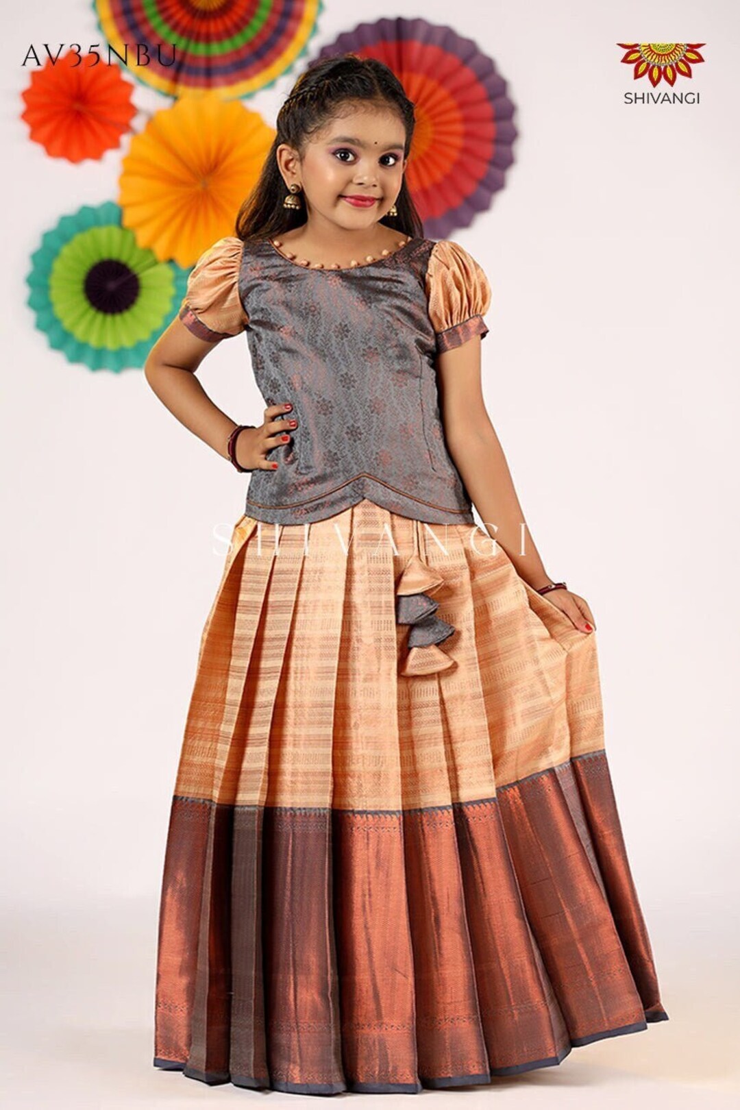 Festive Collection - Grey Flower Basket Pattu Pavadai For Girls main image 0