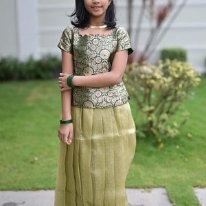 Shivangi clothing Dark Green Onam brocade Traditional Pattu Pavadai Set for Girls