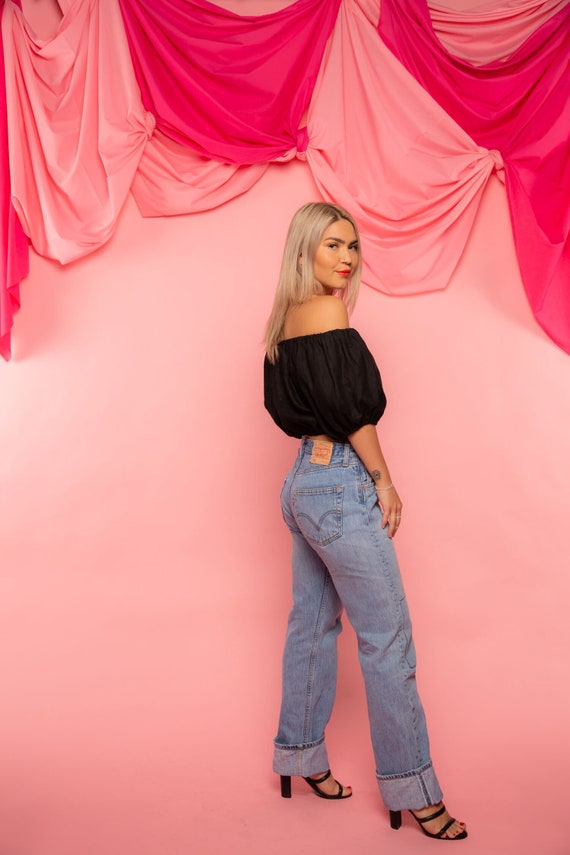 Black Linen Crop with Puff Sleeves