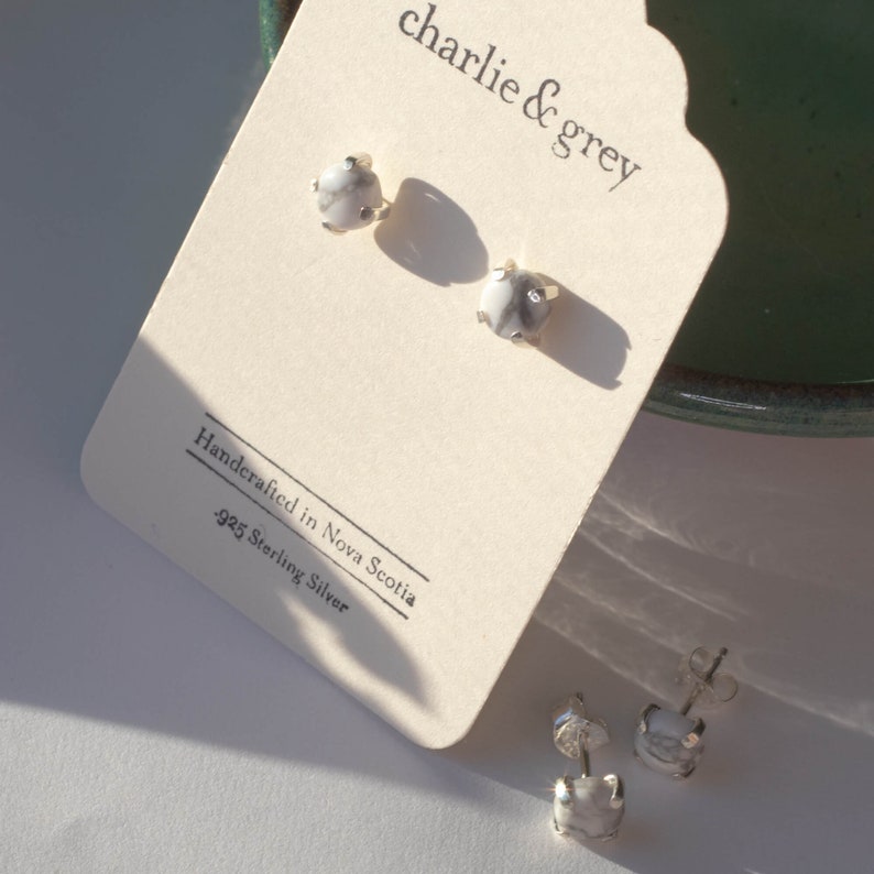 Howlite Studs by Charlie and Grey Nova Scotia Minimalist Silver Jewellery Handmade in Dartmouth