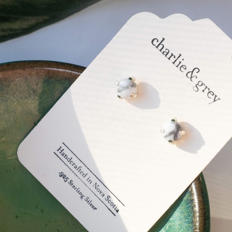 Howlite Studs by Charlie and Grey Nova Scotia Minimalist Silver Jewellery Handmade in Dartmouth