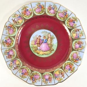 Hutschenreuther Waldershof Bavaria Fragonard Victorian Design Red, Blue, and Gold Gilt 12.5" Wide Decorative Serving Plate