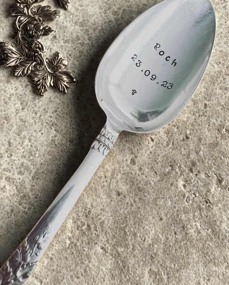 Soup spoon - hand-engraved and customizable - birth/christening image 1