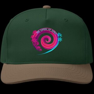 May include: A dark green baseball cap with a tan brim. The front features a graphic of a pink and purple spiral with a grid pattern, palm trees, and the text PER ASPERA AD ASTRA in white lettering. The cap has a structured crown and eyelets.