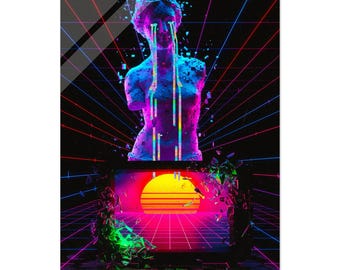 Vaporwave Acrylic Print: Neon Statue & Synthwave Sun - Frameless High Gloss Retro Cyberpunk Decor - 80s Aesthetic Wall Art Acrylic Print