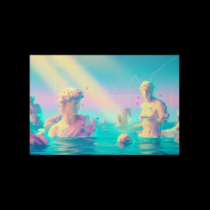 May include: Digital art featuring classical statues partially submerged in water. The statues have a glitch effect with pink, blue, and yellow hues. The background has geometric shapes and a gradient sky.