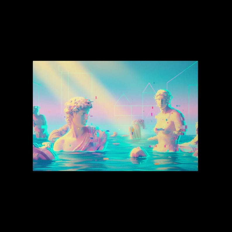 May include: Digital art featuring classical statues partially submerged in water. The statues have a glitch effect with pink, blue, and yellow hues. The background has geometric shapes and a gradient sky.