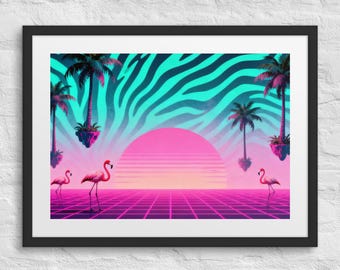 Vaporwave Framed Art Print | Retro 80s Synthwave Wall Decor | Neon Flamingo Palm Tree Sunset Poster | Aesthetic Home Office Gift