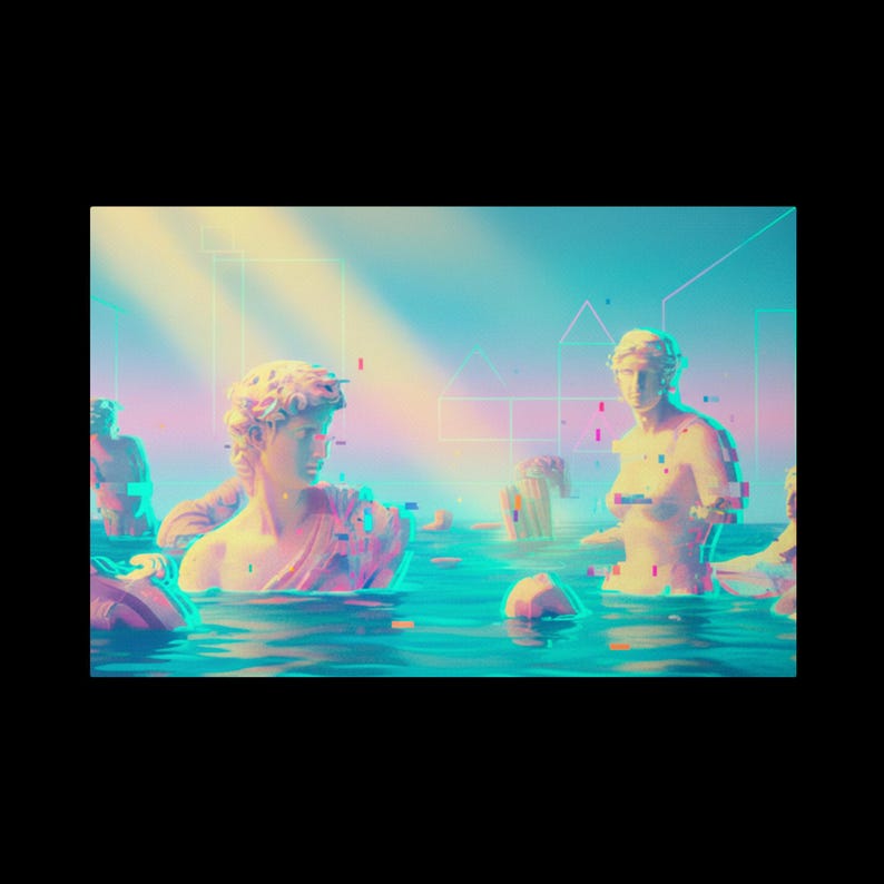 May include: Digital art featuring classical statues submerged in water. The statues have a glitch effect with pink and blue hues. The water is a vibrant turquoise, and the background has geometric shapes.