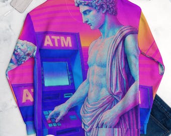 Aesthetic Entities Vaporwave Greek Statue Unisex Sweatshirt | Retro 80's Crewneck | Glitch Art Sweater | Soft Fleece ATM Meme Streetwear