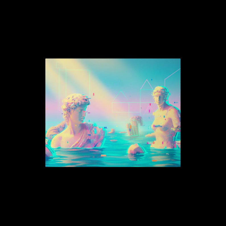 May include: Digital art featuring classical statues partially submerged in water. The statues have a pink and blue color scheme with glitch effects. The background has a gradient of blue and yellow with geometric shapes.