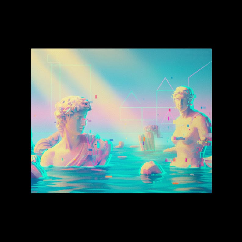May include: Digital art print featuring two classical statues partially submerged in water. The statues are rendered in a pastel color palette with glitch effects, set against a geometric background. The water is a vibrant teal.