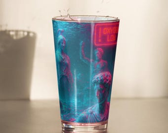 Vaporwave Shaker Pint Glass | Cyberpunk Greek Statue Cocktail Barware (16oz)