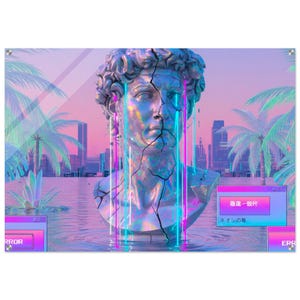 May include: A digital art print featuring a cracked bust of David in a vaporwave style. The artwork has a pink and purple color scheme with neon blue and pink lines, palm trees, and a cityscape in the background.