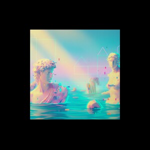 May include: Digital art featuring classical statues partially submerged in water. The statues have a glitch effect with pink and blue hues. The background has a gradient of blue and yellow with geometric shapes.